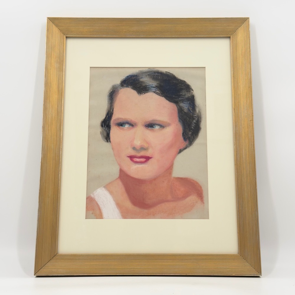 Vintage 1930s Original Pastel Bust Portrait of a Woman, Art Deco